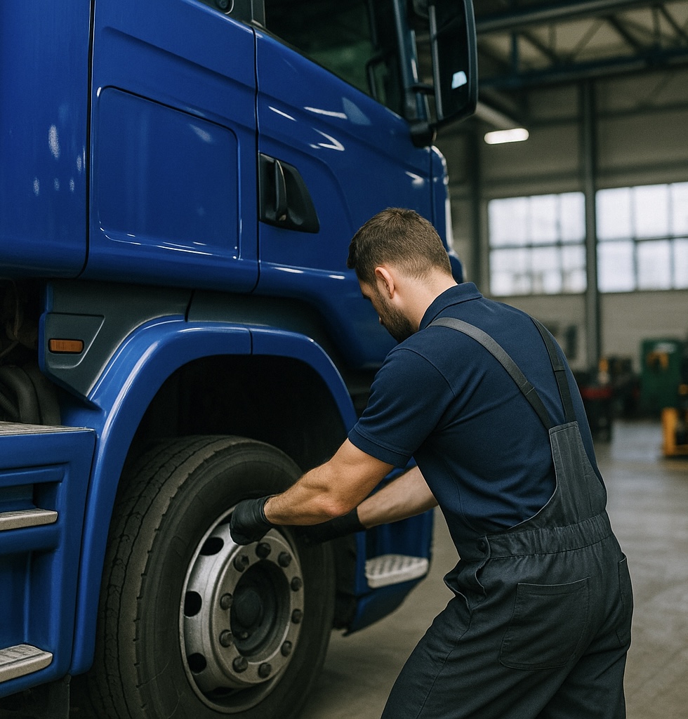 Mobile HGV repair service van assisting a truck on the roadside in London