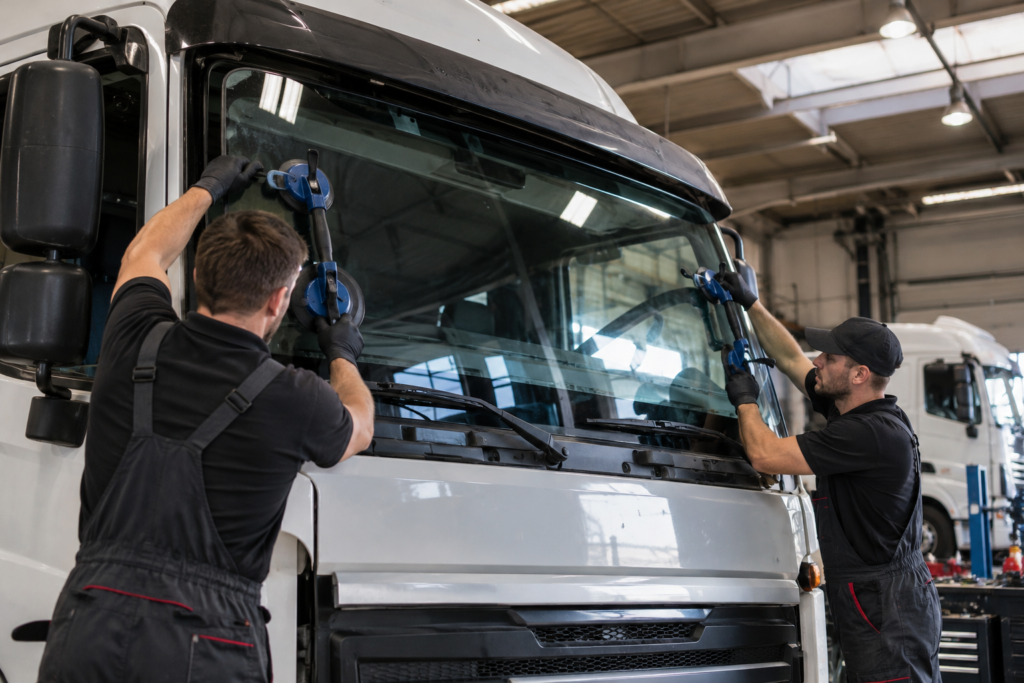 Commercial Vehicle Windscreen Replacement London – HGV windscreen installation at a commercial vehicle workshop